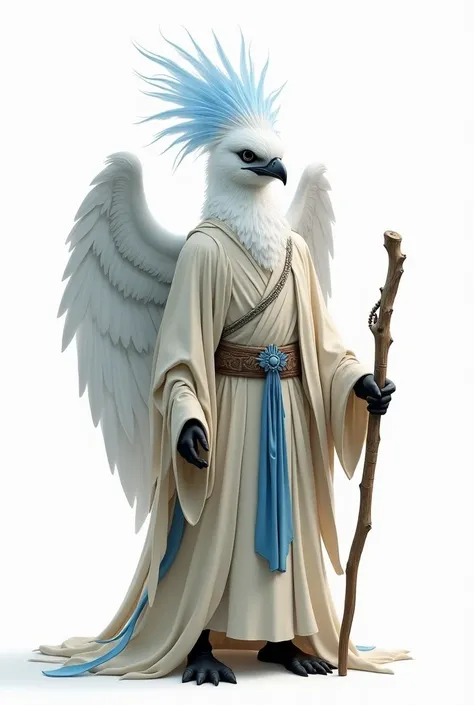  An aarakocra with white plumage with bluish details on the wings and on the top of his head. His eyes are black and serene .  He wears simple monk costumes in shades of beige and blue ,  and he carries a shabby wooden staff .  Art painting semi-realistic ...