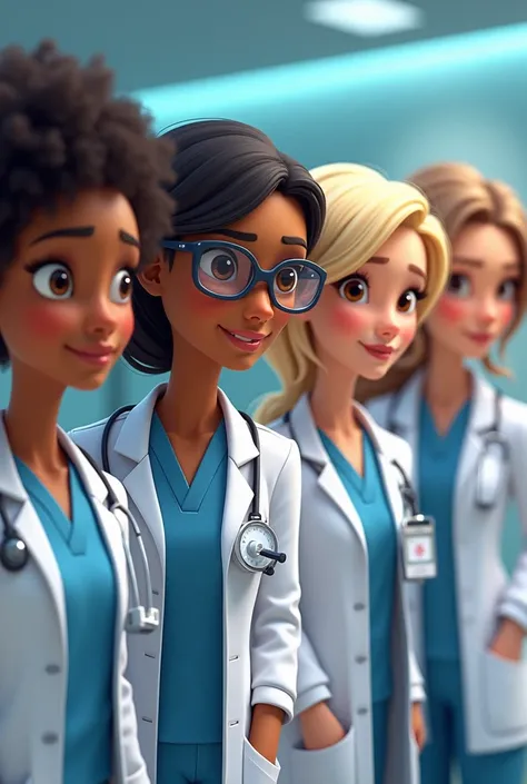  medical technologists one who is brown with black curlers, woman with blond faces  con lentes, woman with blond faces  ,  and another with dark blonde hair all with brown eyes ,  animated