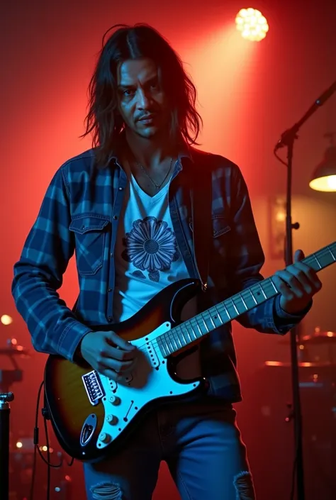 A best hyperealistic, UHD, HDR, 5D, 524 K, cinematic shot of a Sleek masculine handsome man black long hair as like as "Kurt Cobain" hair syle playing hard rock music on an electric guitar on stage music live performance at Coffe Shop, The man sights to vi...