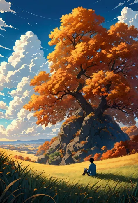  a boy sitting on an autumn meadow ,  watching a vast blue sky with dark blue clouds, tall grasses, cloudy, makoto shinkai cyril rolando, 4k anime art wallpaper, 4k anime art wallpaper, live wallpaper ,  anime art wallpaper 8 k , arte de live wallpaper ,  ...