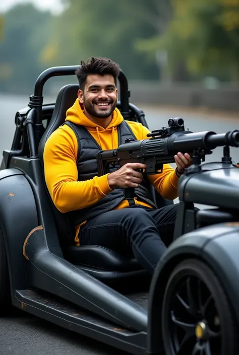 Handsome guy mas kulin age 21 tahin indonesia sweet smile wearing yellow hoodir black vest black jeans sitting tub style A model driving a black color iron car that has been converted into a vehicle with a very long rocket gun attached to an realistic car ...