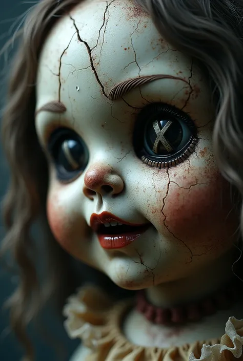 A close-up of a haunting, decayed doll with a cracked and worn face, no eyes, the letter "X" as her eyes, the word "love" as her mouth, old lady creepy hair giving an unsettling, eerie appearance. The dolls large, with its other features covered in deep sc...