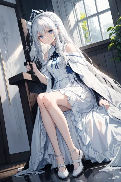  An anime girl sitting on a chair。
She holds a cross sword in her hand。
 Her long white hair scattered over her shoulders  ，  wearing a beautiful headdress 。
She wears a flowing white dress， the hem of the dress was ridiculously long ，Dressed in a long-sle...