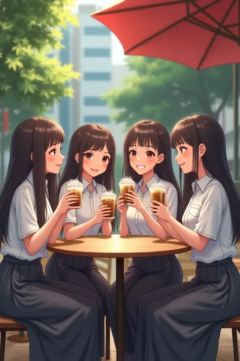  5 beautiful girls  wearing indonesian high school uniform , white pocket shirts  , long skirt abu abu uniform indonesian high school  , they are enjoying ice coffee ,  realism 1 .2 8K HD quality 