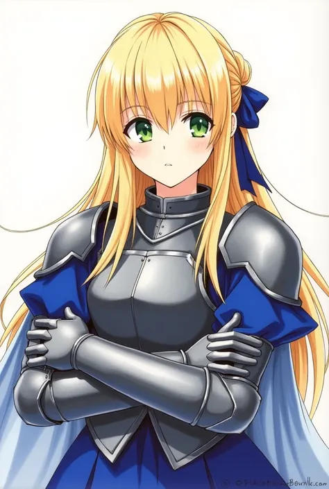 (masterpiece:1.2), (absurdres), (detailed face),(detailed eyes), (best quality) (traditional media:1.2)  , (white backround), upperbody, (expressionless),  artoria_pendragon_(fate), saber, armor, blonde hair, gauntlets, green eyes, hair ribbon, armored dre...