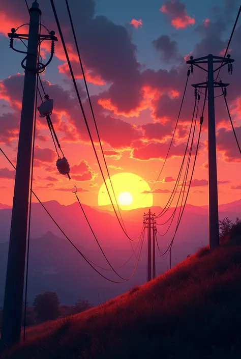 A vibrant sunset with black cables hanging from poles on a hill