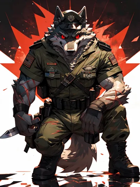 Very Buffed Death Wolf, wears boots, wears Black military special forces outfit, holding a knife, scars on the face, red eye, fighting pose, Looking at viewer, wears military hat, smiling. 