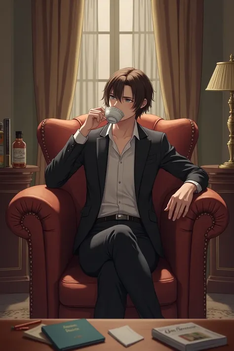 Sitting on two chairs and drinking

