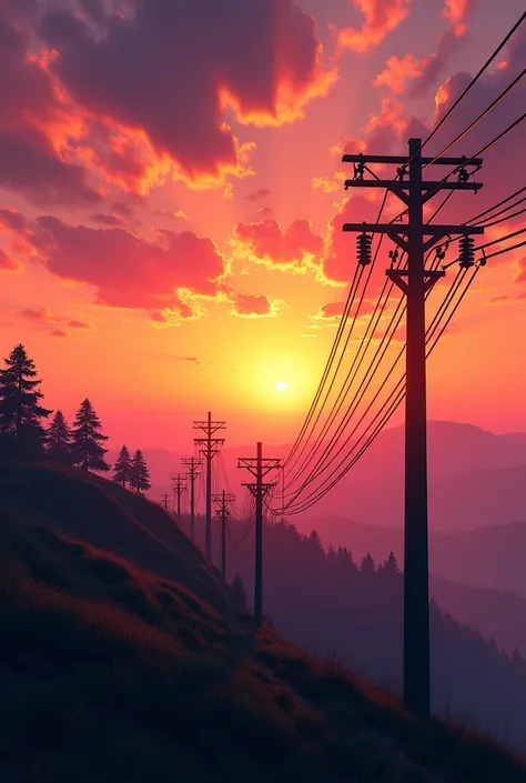 A vibrant realistic sunset with black cables hanging from poles on a hill