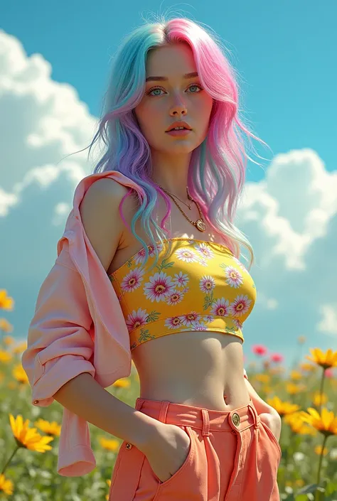 masterpiece, best quality, spring outfit, colorful hair,  outdoor,cloud ,upper body,