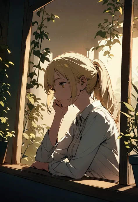 slender, mature female, 1girl, wistful girl with long, flowing blonde hair, styled in a ponytail, stands at a window, gazing out at a softly lit, out-of-focus outdoor scene. She wears a simple, white, long-sleeved button-up shirt, slightly open at the side...