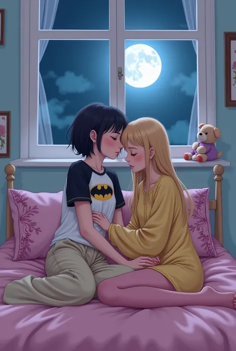 A woman with short black hair,  small brown eyes Blushed cheeks He wears a white and black shirt with the Batman logo ,  with wide beige pajama pants . She wears pink tights .
He is hugging and comforting a blonde woman with honey eyes and long hair .  He ...