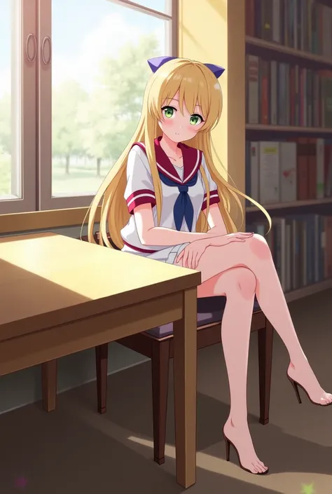 ((masterpiece, Best Quality ,  High resolution )), 1girl,  solo ,  Green Eyes , Blonde Long Hair Tied With Blue Ribbon , blunt bangs, sitting, Cross your arms on the table, sleeping with arms folded,  school uniform, White uniform,  red sailor collar , Sho...