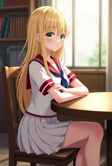 ((masterpiece, Best Quality ,  High resolution )), 1girl,  solo ,  Green Eyes , Blonde Long Hair Tied With Blue Ribbon , blunt bangs, sitting, Cross your arms on the table, sleeping with arms folded,  school uniform, White uniform,  red sailor collar , Sho...