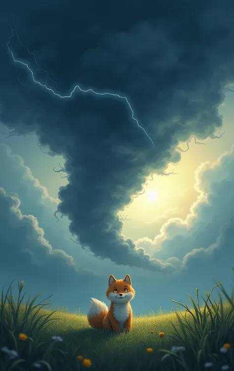 masterpiece:1.2，Illustration of a tornado rolling up behind and a storm approaching with lightning， Details，((Tornado storm:1.3))， high definition ， best quality， cute little character、Baby kitsune，  big golden eyes、Wide angle