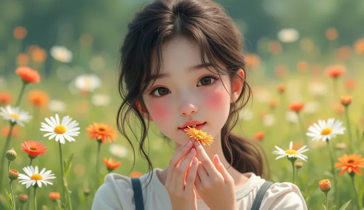 Create an image of an Asian teenage girl in a casual outfit. She is gently touching a flower with a serene expression, interacting with her surroundings. The background is a meadow with wildflowers. Detailed face, expressive eyes, high resolution, photorea...