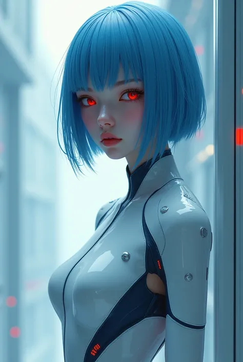 "Create an image of a young woman with short, straight blue hair that falls just above her shoulders. She has pale, almost porcelain-like skin, and striking red eyes that give her a distant, contemplative expression. Her face is delicate with a smooth, emo...