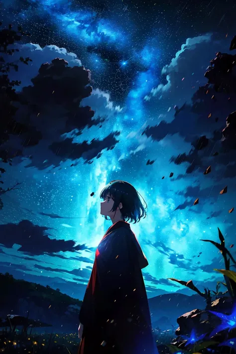 absurdres, best quality, a girl, happy, surrounded by stars and a meteor shower, with a starry sky, with a galaxy, with a moon, cel anime, mystical atmosphere, depth of field