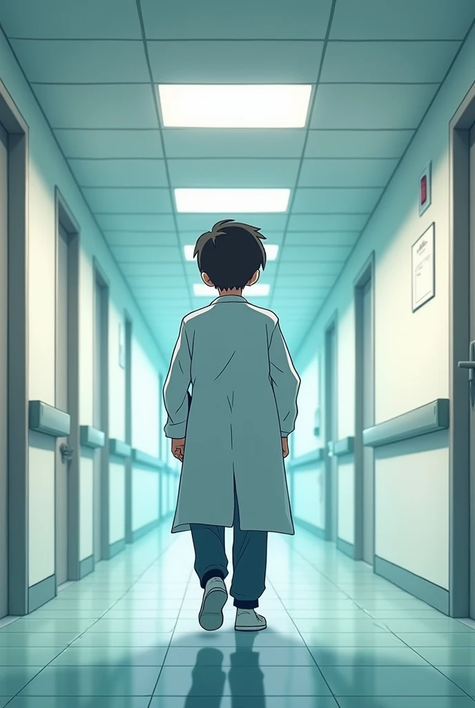 An animated 22-year-old boy gets up from his chair and goes backwards ignoring the doctor while he walks in the corridors of the hospital animated by everything I said before, depressed and sad without the doctors gown. 