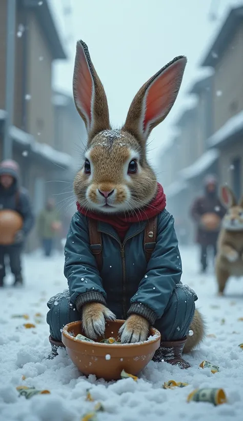  A labor rabbit is working at the delivery site，Heavy snow suddenly started ，The rabbit is crying loudly ， tears in her eyes ， kneeling and sitting in front of them putting a broken bowl，Other rabbits use money to help cats work  ，realistic，detailed，Best q...