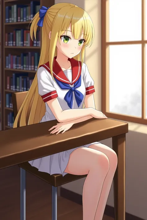 ((masterpiece, Best Quality ,  High resolution )), 1 girl,  solo ,  Green Eyes , Blonde Long Hair Tied With Blue Ribbon , blunt bangs, sitting, Cross your arms on the table, sleeping with arms folded,  school uniform, White uniform,  red sailor collar , Sh...