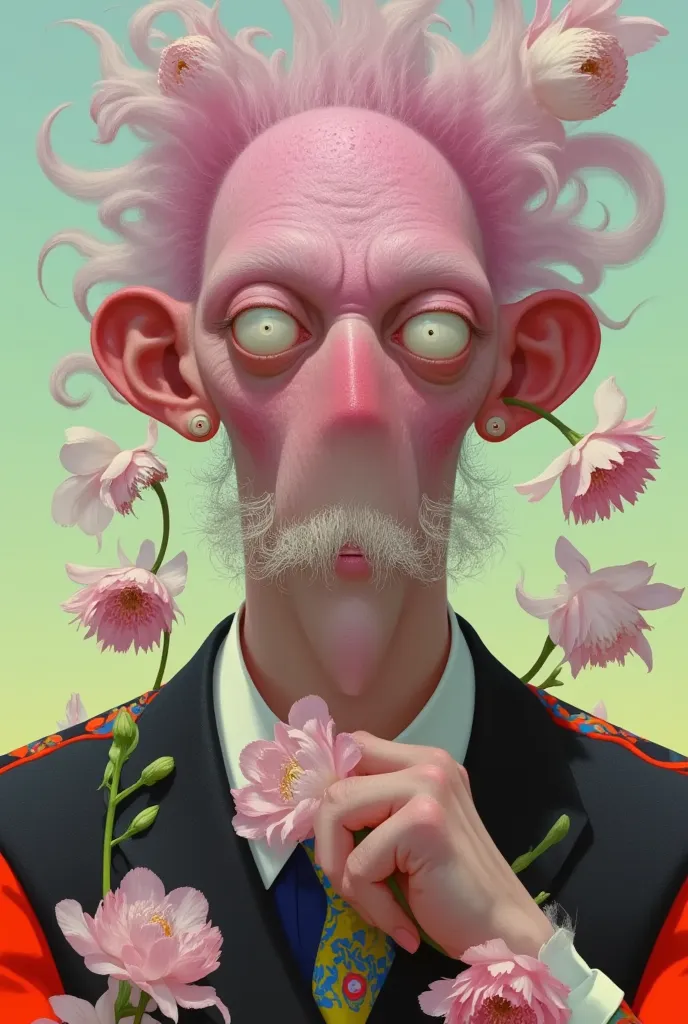 1 boy , bald, beard, daisy,   male focus , beard, old, old man, pink flower, portrait,