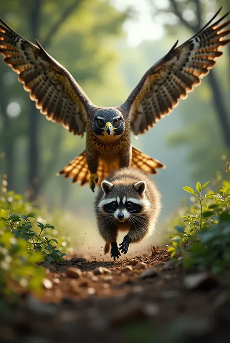 Falcon going after a raccoon