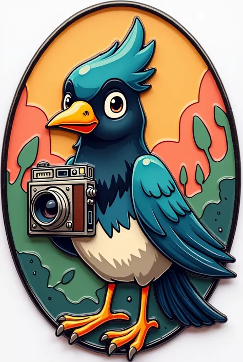 Create an image for a pin containing a magpie as a mascot with an animated camera