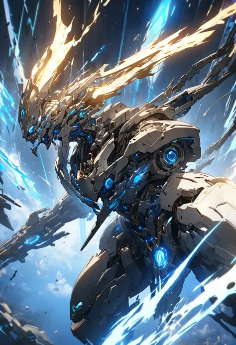 A cyborg with a humanoid form that gleamed with polished metal. Its eyes glowed with an intense blue light, though mechanical, carried an strange semblance of authority. Cinematic pose, detailed, high quality 