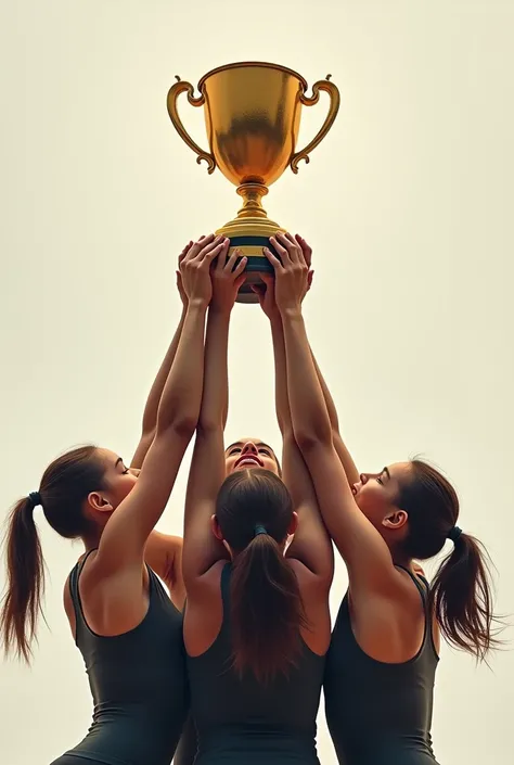  place several gymnasts ,  side by side  , with arms raised .  as if they were trying to get a trophy up high. 

imagine,  and you are behind them . Seeing them  ,  some are on your back  , e outras sideways,  aesthetic with your arms wanting to hold the t...