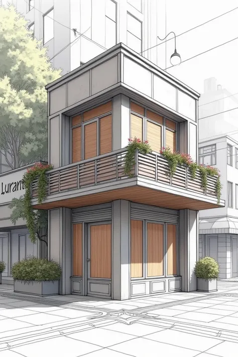 Create an image of a perspective drawing of an ice cream shop with a balcony that has basket of flowers and modern and with nature