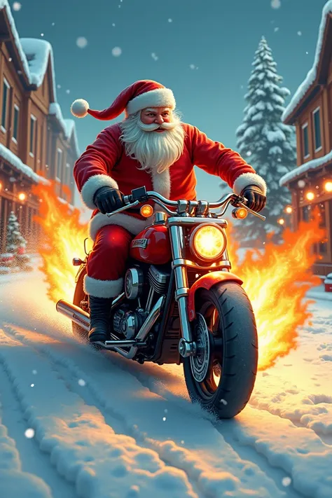 Christmas Day, San Ta Kros rides a motorcycle, the motorcycle catches fire with the words Merry Christmas.