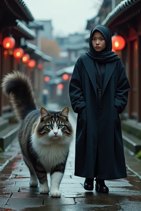 Realistic, the subject is "human-sized cat grey white and black walk with a young woman plump body in hijab moslem  on the stone steps", on the stone steps of the ancient city of Kyoto, Japan, on the wet stone sidewalk after splashing water, a grey white a...