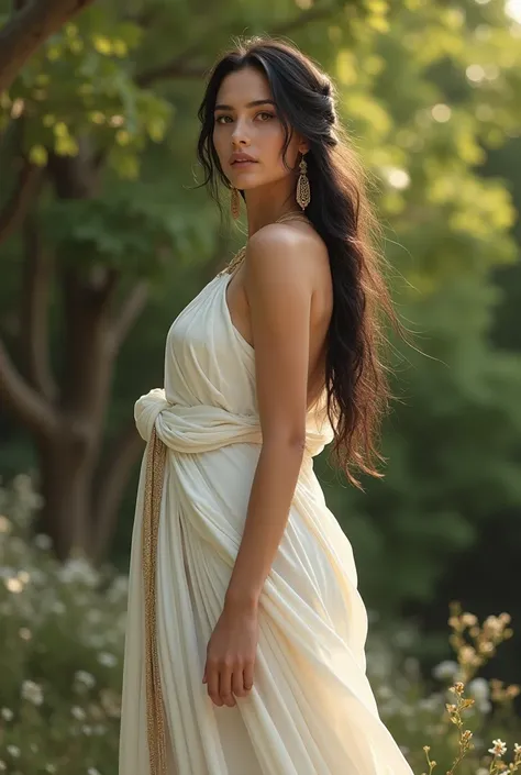 (photorealism:1.2), beautiful greek queen, standing on a grass, wearing one breast white toga, no underwear and bras, long motherly side plait black hair, outside, soft lighting, plants in background, relaxed pose, realistic, intricate details, warm colors...