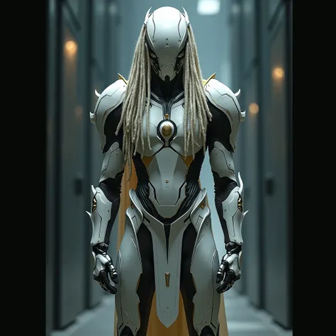 A full-body shot of a ((slander male Predator)), wear a futuristic tribble mask and armor, white and gold constructed from reflective metallic materials, minimalist, sharp silhouette (base on the original mask), high details white and gold color, long plat...