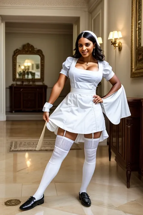  housekeepers ４０Generation of women　 Brazilian beauty 　white and black victoria morning style long skirt maid outfit　 corner floor cleaning 　 attractive buttocks are attached to clothes and emphasized　 white knee-high socks and black womens shoes 　Inside a...