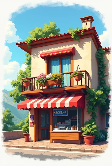 Create an image of a perspective drawing of an ice cream shop with a balcony that has basket of flowers and modern and with nature and lively with an italian aesthetic 