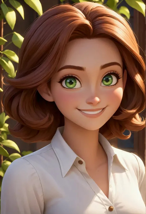  white-skinned woman ,  medium size hair color light brown,  with green eyes , In a white blouse smiling Pixar style 