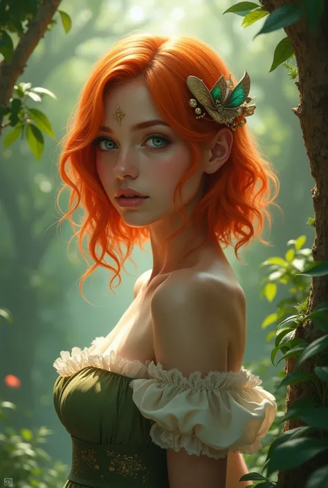 Shes orage long hair , half blue half green eyes, 158cm tall. Fantasy background. Big tits