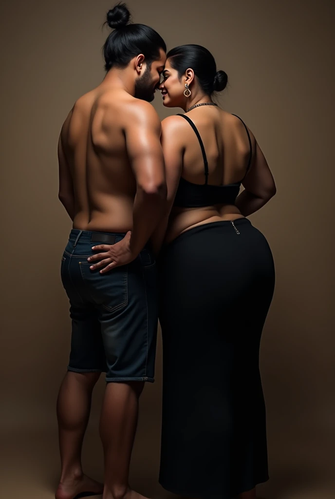 Plus size Indian middle aged woman wearing a  black lehenga and a black sleeveless choli. Her hair is tied in a bun. She straddles on the face of a young man, sitting on his face comfortably . Her ass is completely rested on his face. Her legs are rested o...