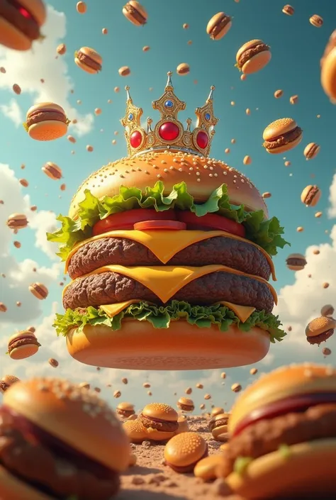 A giant hamburger with a crown ,  in a shower of hamburgers across the sky.  A written restaurant logo "Império333 "