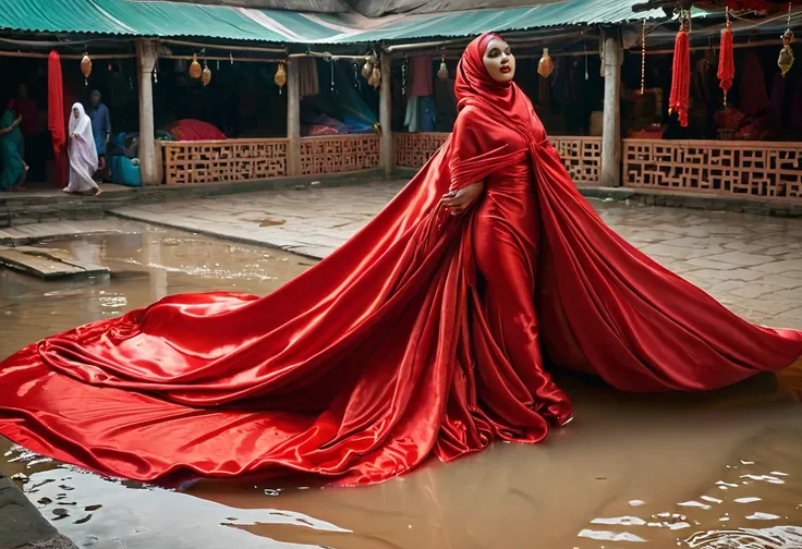 A woman shrouded in a 8-meter-long, plush red satin cloth, tightly bound and grandly draping along the form of her body, flowing off into a pooled floor-length train, styled in a mermaid-inspired outfit, her head modestly veiled in a satin hijab, 175 heigh...