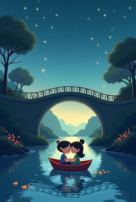 Deseny cartoon couple  river bridge under sitting in boat night time 