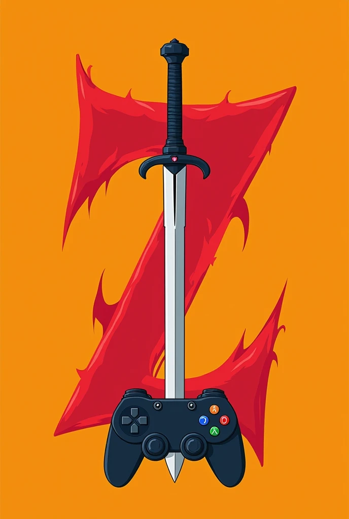  Letter Z with a Sword stuck in the middle, With a video game controller under the sword. Simple Dragon Ball Anime style. With the red letter and the orange background 