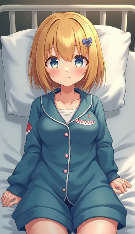  1 girl ,  Grown Ups, bun hair ,Dark yellow hair, hospital bed ,Baggyな服, high definition , masterpiece, accurate,  very detailed,  textured skin, reality, modest breasts, short hair ,White Eyes,Fluffy,Baggy,ren&#39;s Bras,,shark costume pajamas