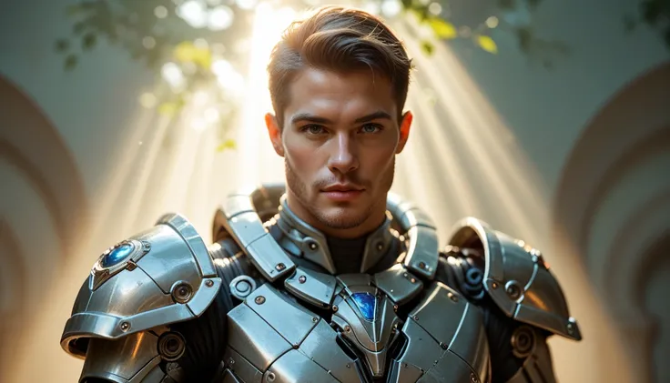 Realistic man wearing robotic scorpion armor in place with rays