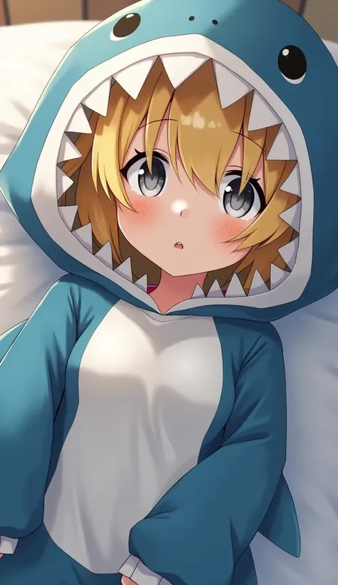  1 girl ,  Grown Ups, bun hair ,Dark yellow hair, hospital bed ,Baggyな服, high definition , masterpiece, accurate,  very detailed,  textured skin, reality, modest breasts, short hair ,White Eyes,Fluffy,Baggy,ren&#39;s Bras,,shark costume pajamas,big hood