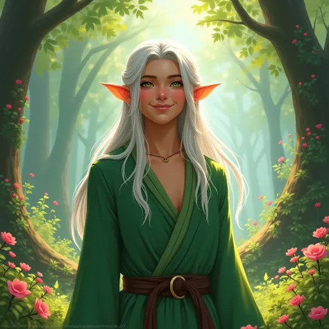 handsome elf with long silver hair in green clothes with a happy face in the middle of a colorful forest