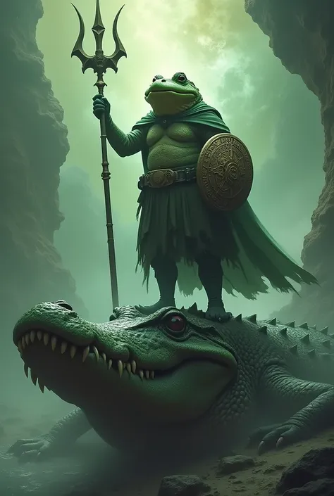 
A man in the body of a toad is standing on the head of a crocodile ,  right hand holding a left hand trident holding an inscribed shield 