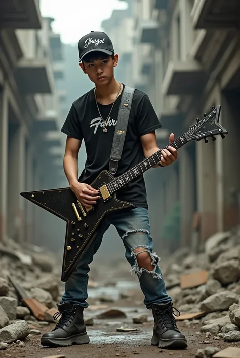 Indonesian man with handsome face short hair wearing ripped jeans wearing baseball cap with inscription dhegol wearing boots wearing black t-shirt with inscription FAKHRI playing metal electric guitar in the shape of a star in a building rubble face looks ...